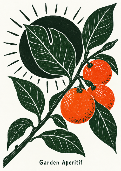 Retro graphic of a diagonal citrus branch with green leaves and three orange fruits over a dark sun, with “Garden Aperitif” lettering below.