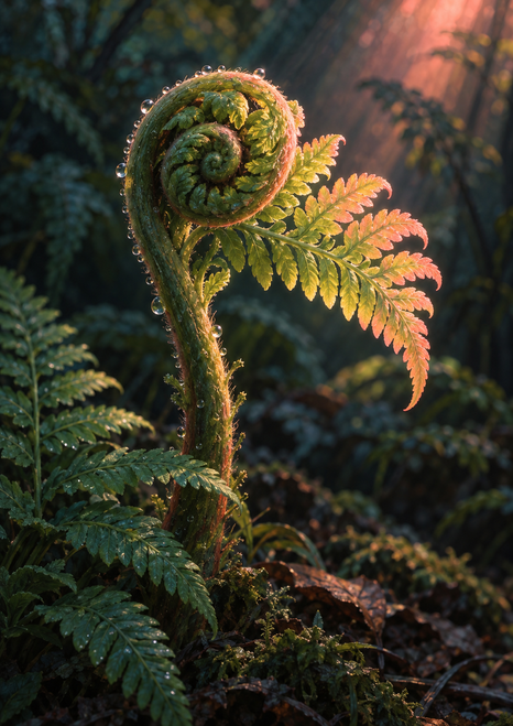 A large dew-speckled fiddlehead fern unfurls against a dark green forest understory, illuminated by warm pink-gold light.