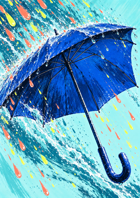 Cobalt umbrella with a hooked handle amid turquoise water streaks, white splashes, and coral and yellow drops.