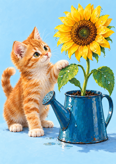Orange tabby kitten reaching toward a large sunflower in a blue enamel watering-can planter against a pale-blue background.