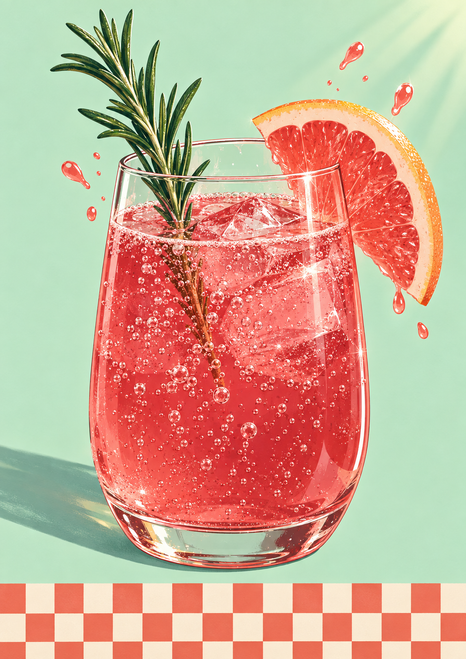 A stemless glass of sparkling pink-red grapefruit soda with rosemary and a grapefruit slice, surrounded by bubbles against pale mint with a checkerboard band below.
