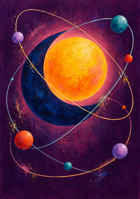 Glowing orange-yellow disk and dark blue crescent surrounded by elliptical paths and colored spheres on plum.