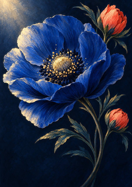 Oversized cobalt-blue flower with a gold-toned center, coral buds, curved stems, and narrow leaves on deep navy.