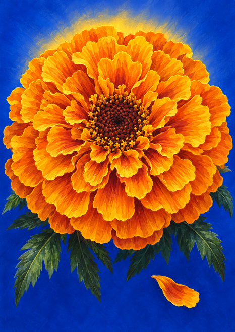 Large orange-gold marigold with a burgundy center, dark green leaves, and a detached petal on a saturated blue background.