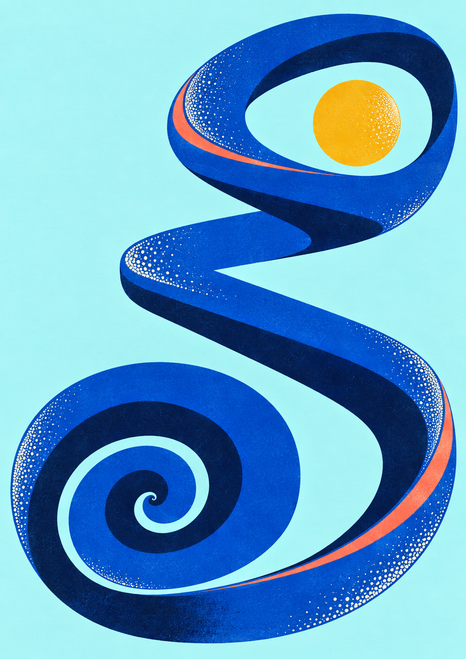 Cobalt ribbon-like band forming a large spiral and upper loop around a golden sun on a pale aqua background.