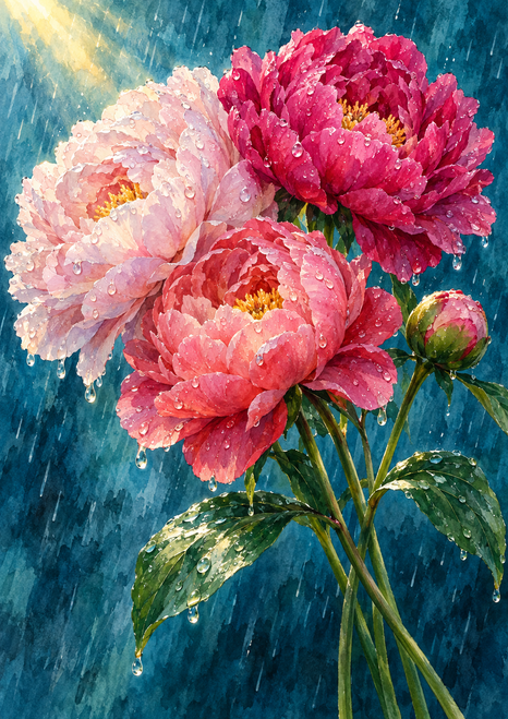 Three open pink peonies and a closed bud with water droplets, green stems, and broad leaves against a blue-teal rainy background.