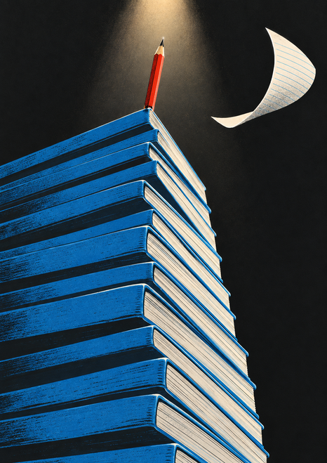 Upright red pencil near the top of a tall blue stack with a curling lined page against a charcoal background.