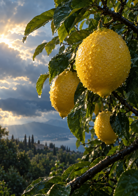 Three ripe yellow lemons and rain-beaded glossy leaves on a branch, with cloudy sky and distant landscape at left.