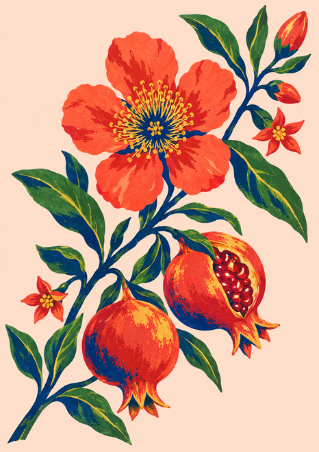 Colourful pomegranate branch with a large coral flower, green leaves, and two fruits, one opened to show red seeds.