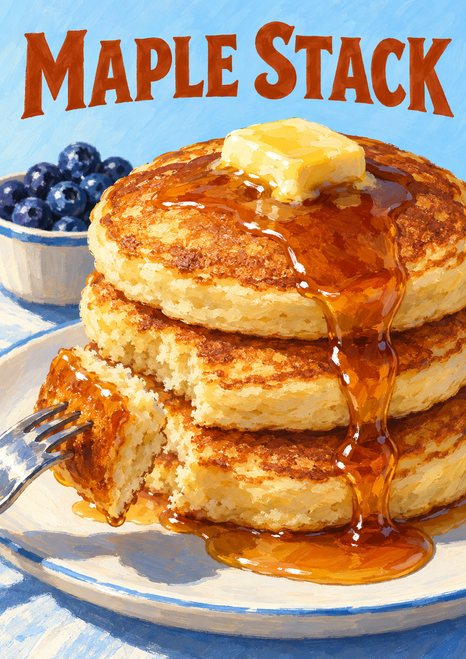 Pancake stack topped with butter and maple syrup, with a fork lifting a bite and blueberries behind, beneath MAPLE STACK lettering.
