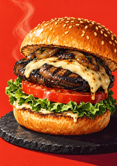 Large burger with a sesame bun, browned mushroom caps, melted pale cheese, tomato, and leafy greens on a dark slate plate against a red-orange background.