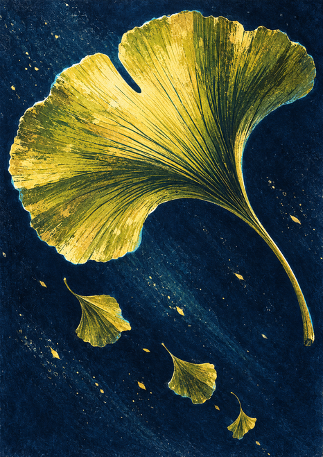Large golden ginkgo leaf with radiating veins and three smaller falling leaves against a dark navy background.