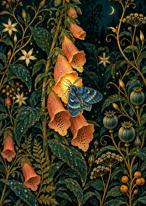 Blue moth resting on a glowing golden-orange foxglove bell amid dense leaves, flowering stems, seed pods, rain droplets, and a small moon.