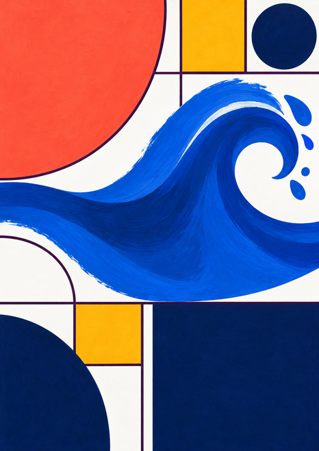 Cobalt-blue wave curling across a geometric arrangement of coral and navy rounded forms, yellow blocks, white channels, and plum grid lines.