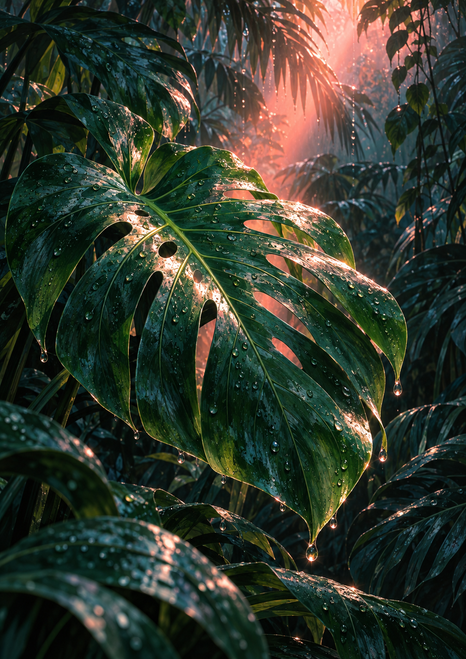 Large split monstera leaf with rain droplets in a dense dark-green conservatory, lit from behind by coral-pink light.