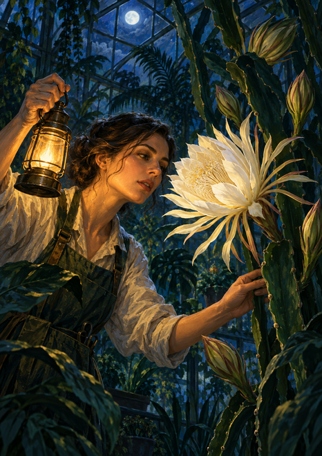 Adult woman holding an amber lantern and tending a large white flower among foliage and buds in a moonlit greenhouse.