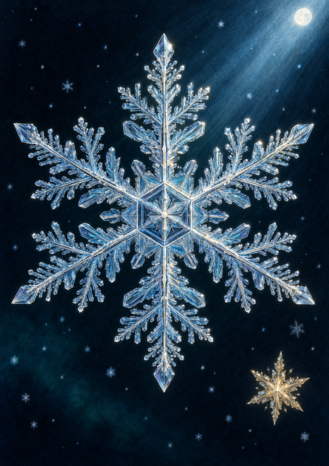 Large blue-white six-branched crystalline snowflake with a smaller amber crystal, moon and diagonal light rays in a deep blue-green night sky.