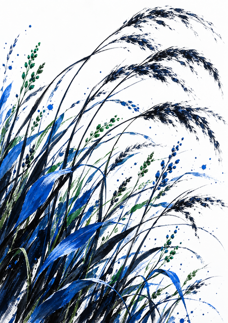 Dark grass stems and seed heads sweep diagonally across a white ground, accented by cobalt-blue leaves and small green marks.