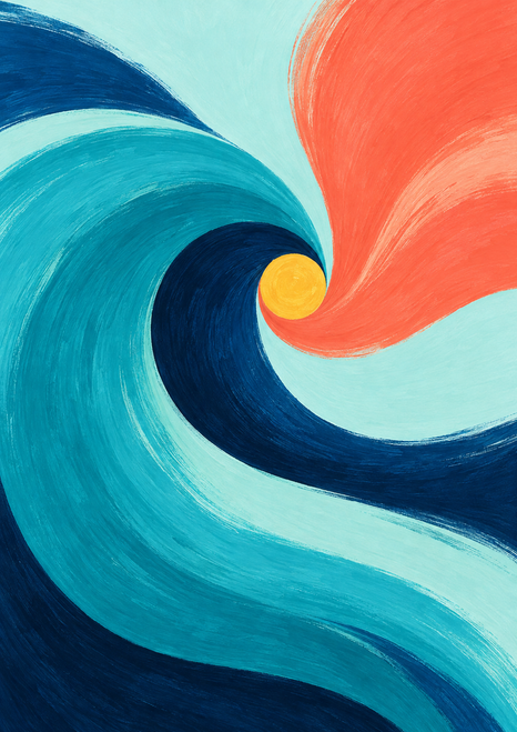 Square abstract artwork of interlocking turquoise, navy, coral, and pale-aqua curves converging around a small golden disk.