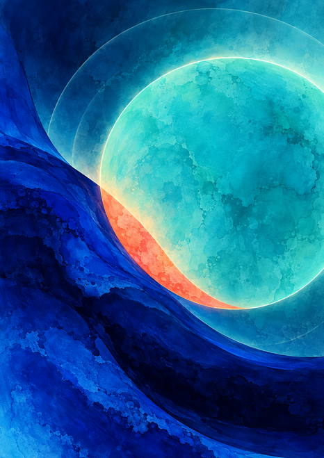 Large glowing turquoise circle crossed by a deep blue sweeping band, with a coral crescent and faint surrounding rings.