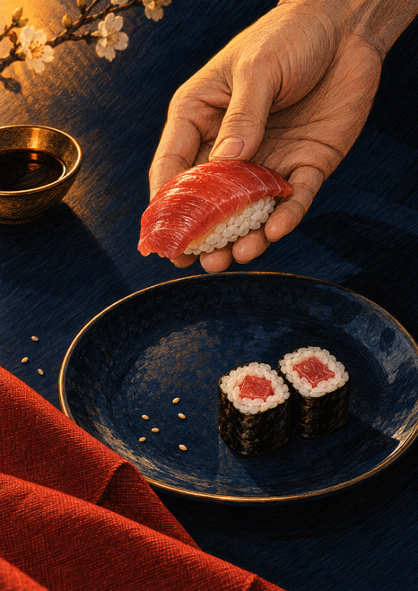 Hand holding tuna nigiri above an indigo plate with two maki rolls, beside a vermilion cloth and small cup on a dark blue tabletop.