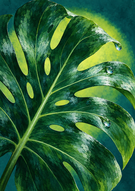 Large perforated green monstera-like leaf with three bright droplets against deep teal and a yellow-green glow.