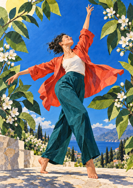 An adult dancer in a coral-red jacket and deep teal trousers reaches among green leaves and white blossoms beneath a blue sky.