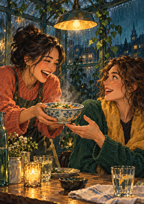 Two women share a bowl at a table beneath an amber pendant lamp in a rain-lit greenhouse filled with greenery.