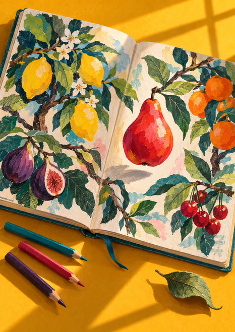 Open illustrated sketchbook with fruiting branches and a floating red pear, colored pencils, and a loose leaf on a yellow surface.