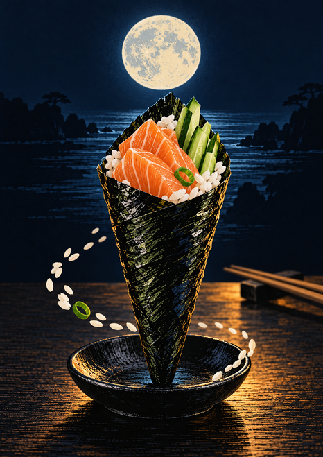 Upright nori hand roll filled with salmon, cucumber, and rice on a black plate, with chopsticks, loose rice, and a moonlit seascape.