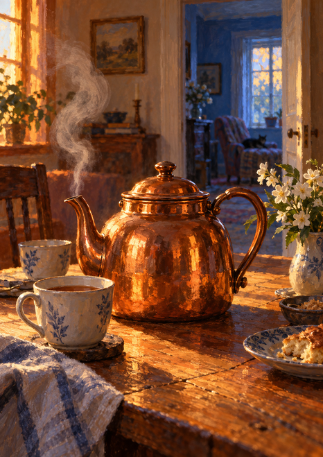A polished copper teapot steams on a wooden table beside two cups, white flowers, and a plate of food.