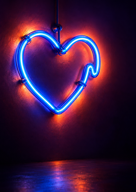 A glowing blue glass-tube heart mounted against a dark wall, surrounded by orange-red light with colored reflections below.