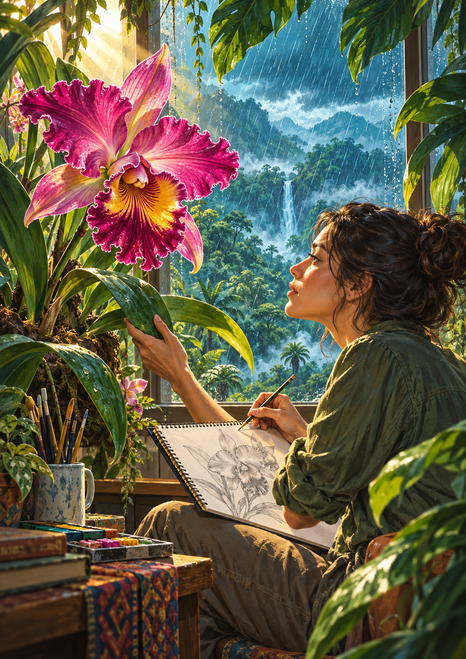An adult woman sketches a large magenta-and-gold orchid beside a rain-streaked window, framed by tropical leaves and a bright landscape.