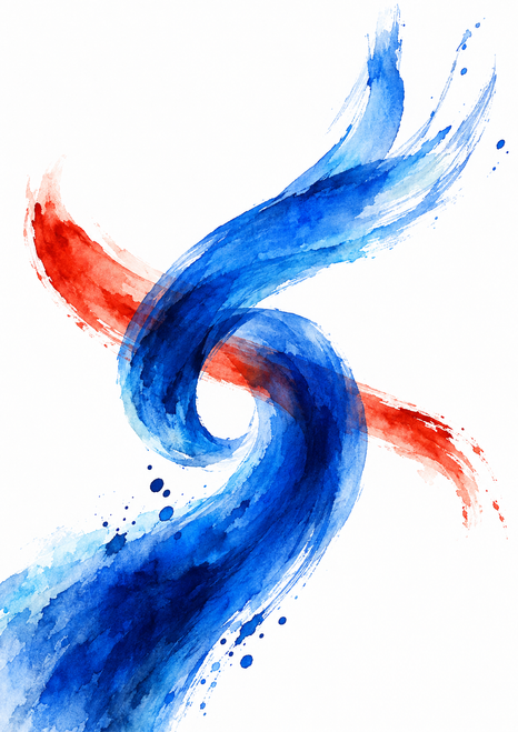 A looping ultramarine watercolor-like mark crossed by a vermilion stroke on a white background, with small blue droplets.