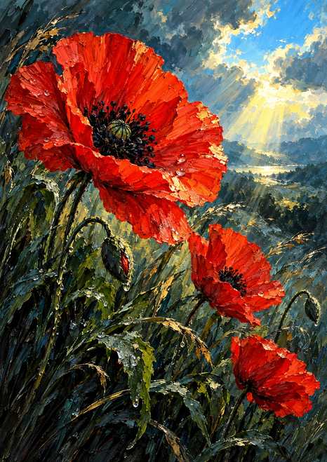 Three scarlet poppies, a closed bud, and water-dotted dark grasses beneath a bright opening in storm clouds.