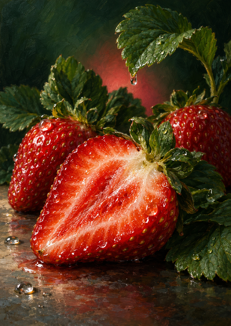 Large cut strawberry with two whole berries and rain-speckled green leaves against a dark jade background.