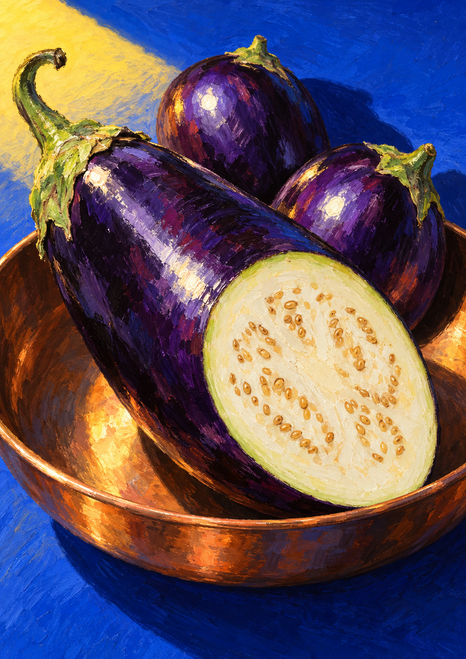 Cut purple aubergine with a pale seeded cross-section lying across a copper bowl, with two whole aubergines behind it against a blue and yellow ground.