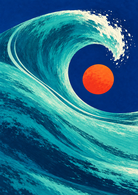 Textured turquoise wave curling around a bright orange-red sun against a deep ultramarine blue background.
