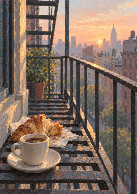 Cream espresso cup and saucer with a torn croissant on a napkin on a metal fire-escape landing overlooking a dawn-lit city.