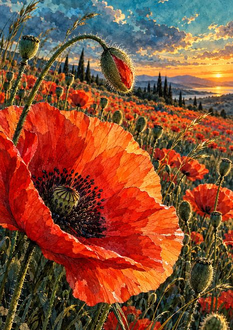 A large red-orange poppy and hanging curved bud above a dense flower field at sunset.