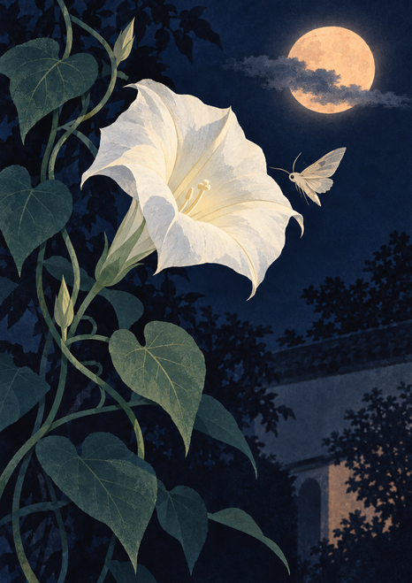 Ivory trumpet-shaped flower and small pale moth beside an apricot moon in an indigo night sky, with heart-shaped leaves and a courtyard roofline.