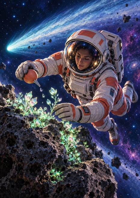 Helmeted astronaut in a white and coral suit tending glowing plants on a rocky asteroid as a bright comet crosses the blue-violet space background.