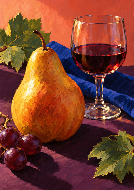 Golden pear beside a glass of dark red wine, grapes, leaves, and cobalt-blue cloth against a coral wall.