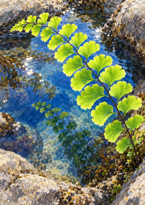 Bright green maidenhair-like fern frond crossing vivid blue tidepool water among rocks, with a smaller frond-shaped reflection below.