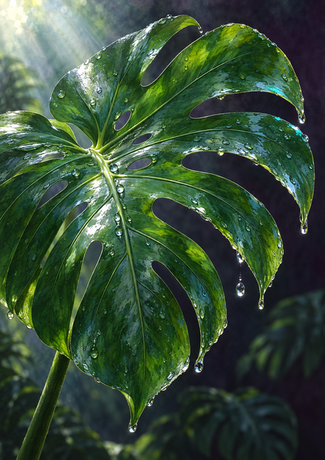 A glossy emerald monstera leaf with visible veins and water droplets, including a hanging droplet, against a dark plum-green background.