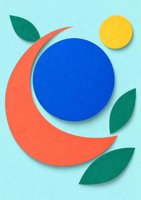 Cobalt-blue circle with a coral arc, three green leaves, and a yellow circle on a pale aqua background.