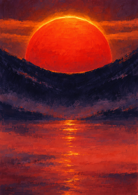 Large vermilion sun partly obscured by a dark indigo ridge, with a broken warm reflection on foreground water.