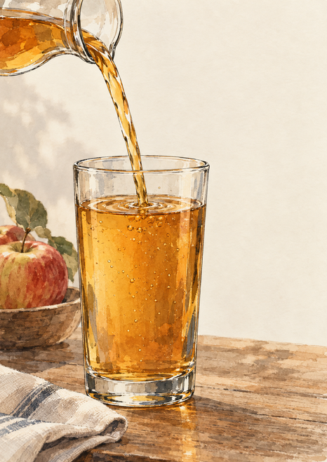 Amber liquid poured from a small pitcher into a clear tumbler beside a checked cloth, wooden table, and bowl of apples.