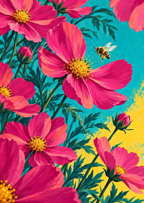 Large pink and fuchsia cosmos-like flowers with golden centers and dark teal leaves on a turquoise background, with a small bee hovering beside the main bloom.