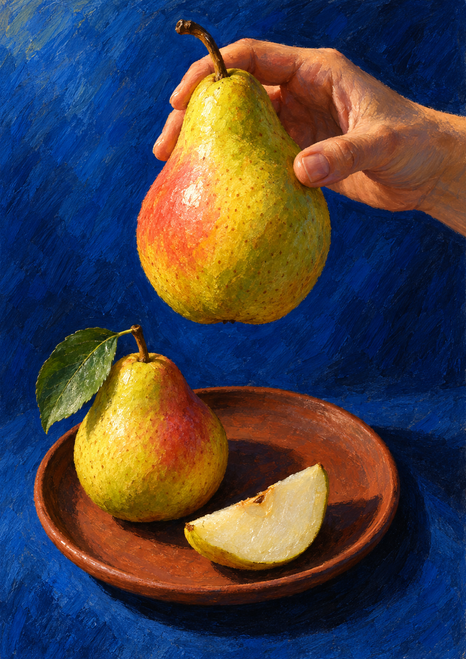 A hand holds a large ripe pear above a terracotta-colored plate with a second pear, a leaf, and a cut wedge.
